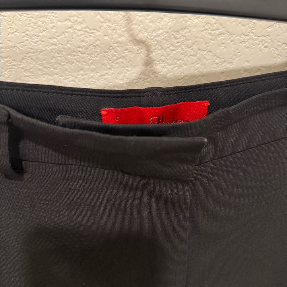 Black slacks .
Shorten to fit a height of 4’11